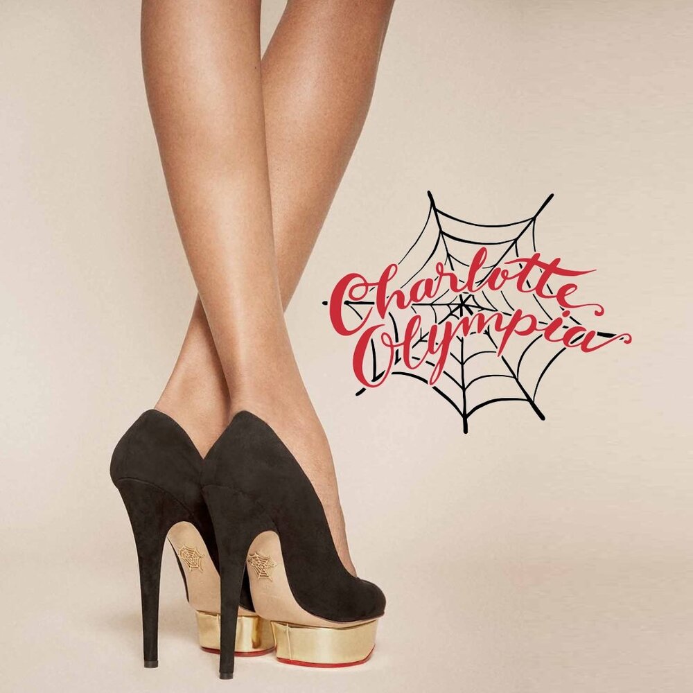CHARLOTTE OLYMPIA 🕸️ "Dolly" Black Suede Gold Platform Heels 🕸️ SIZE 8